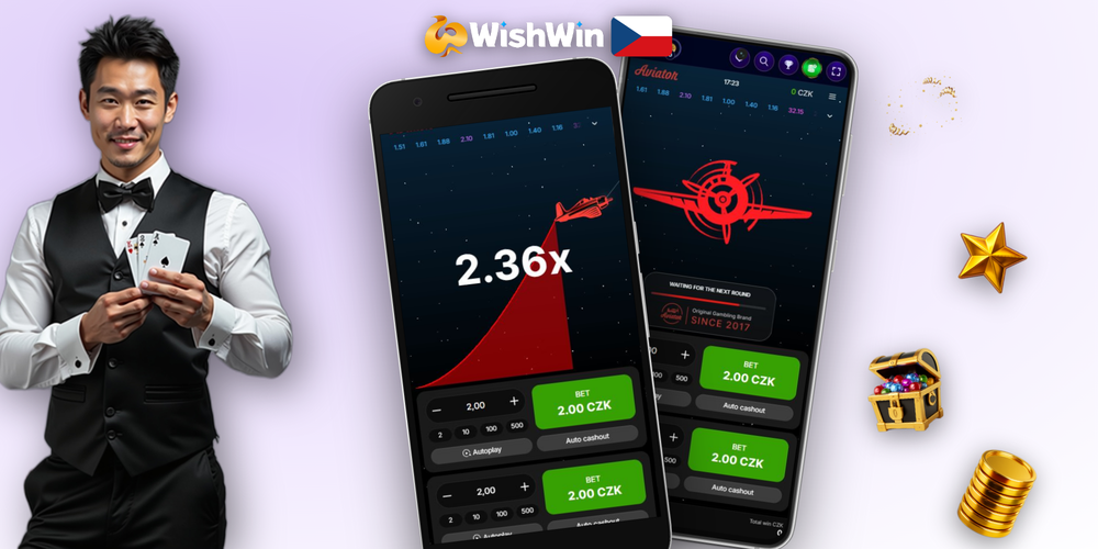 Herní obrazovka Aviator game ve Wishwin Kasino s panelem sázek a live chatem