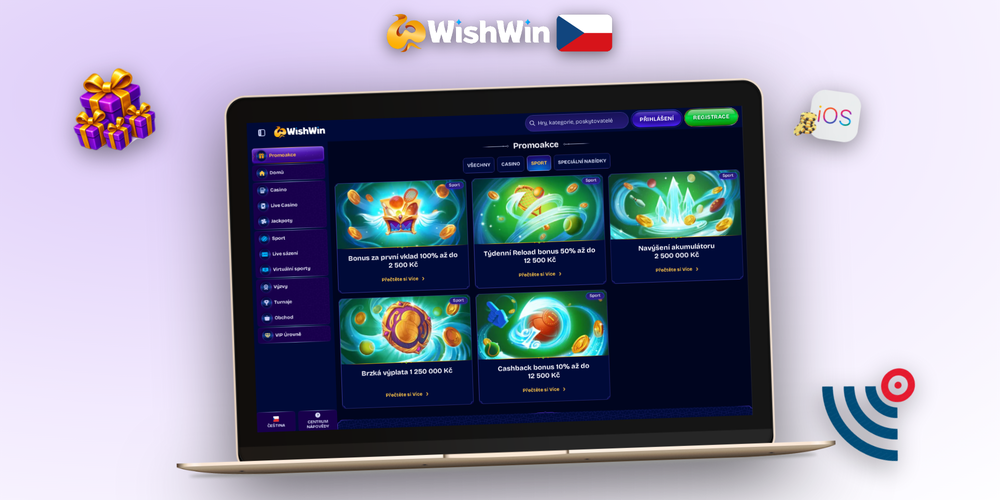 Přehled bonusových podmínek a pravidel Wishwin Kasino vedle hracích žetonů a notebooku