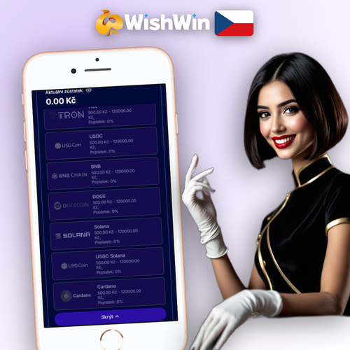 Wishwin Kasino výběr výher s ikonami Visa, Skrill a Bitcoin u symbolu peněženky